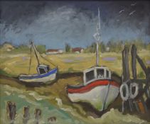 Two Contemporary oil paintings, one a Country Road, the other Fishing Boats in an Estuary,