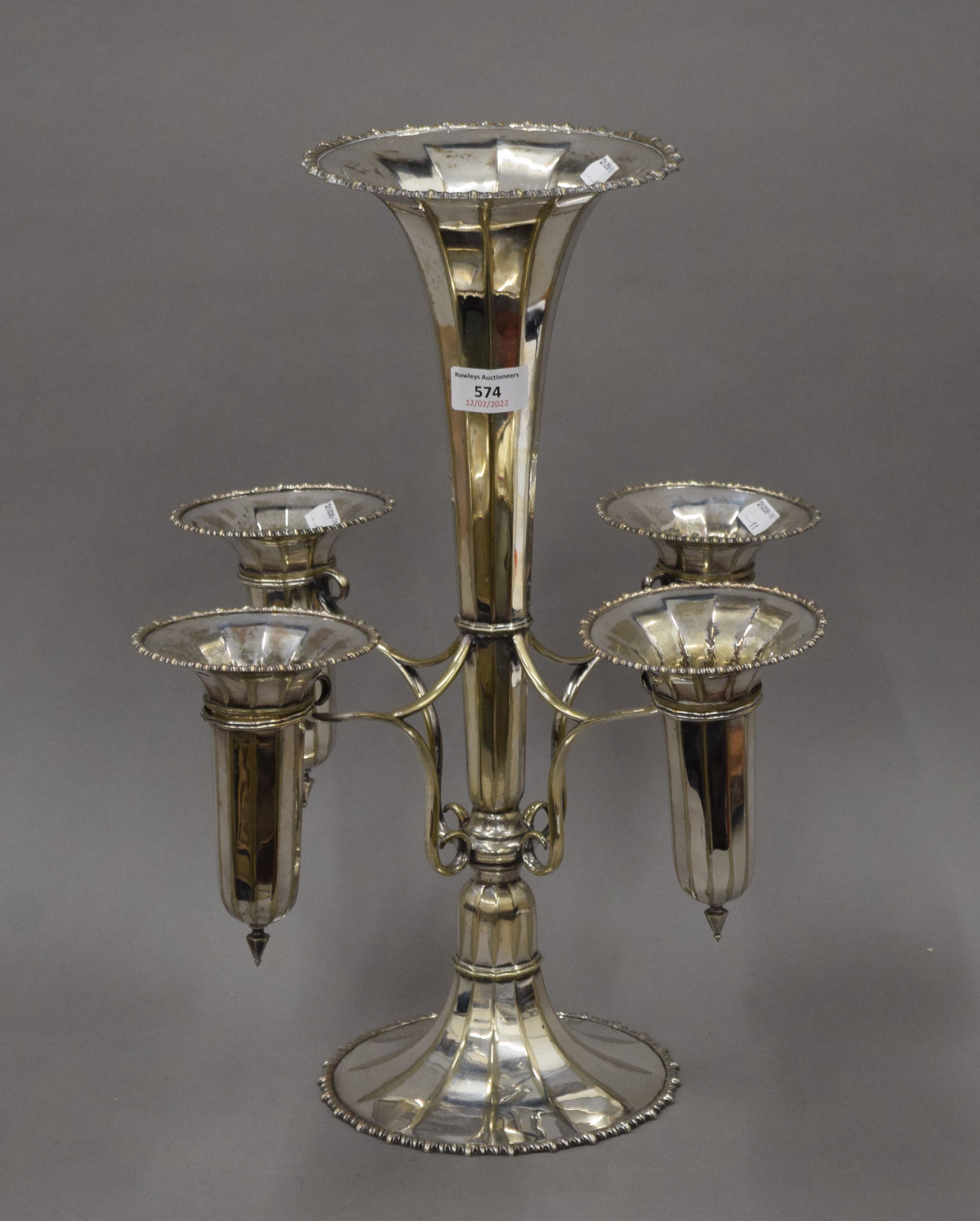 A large silver plated trumpet shaped epergne. 45 cm high.