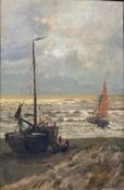 DUTCH SCHOOL, Fishing Boats on a Beach, oil on canvas, framed. 28.5 x 44.5 cm.