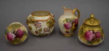 Two Royal Worcester vases, a jug and a pot-pourri jar. The jug 10.5 cm high.