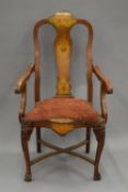 An 18th century style Dutch inlaid open arm chair. 64 cm wide.