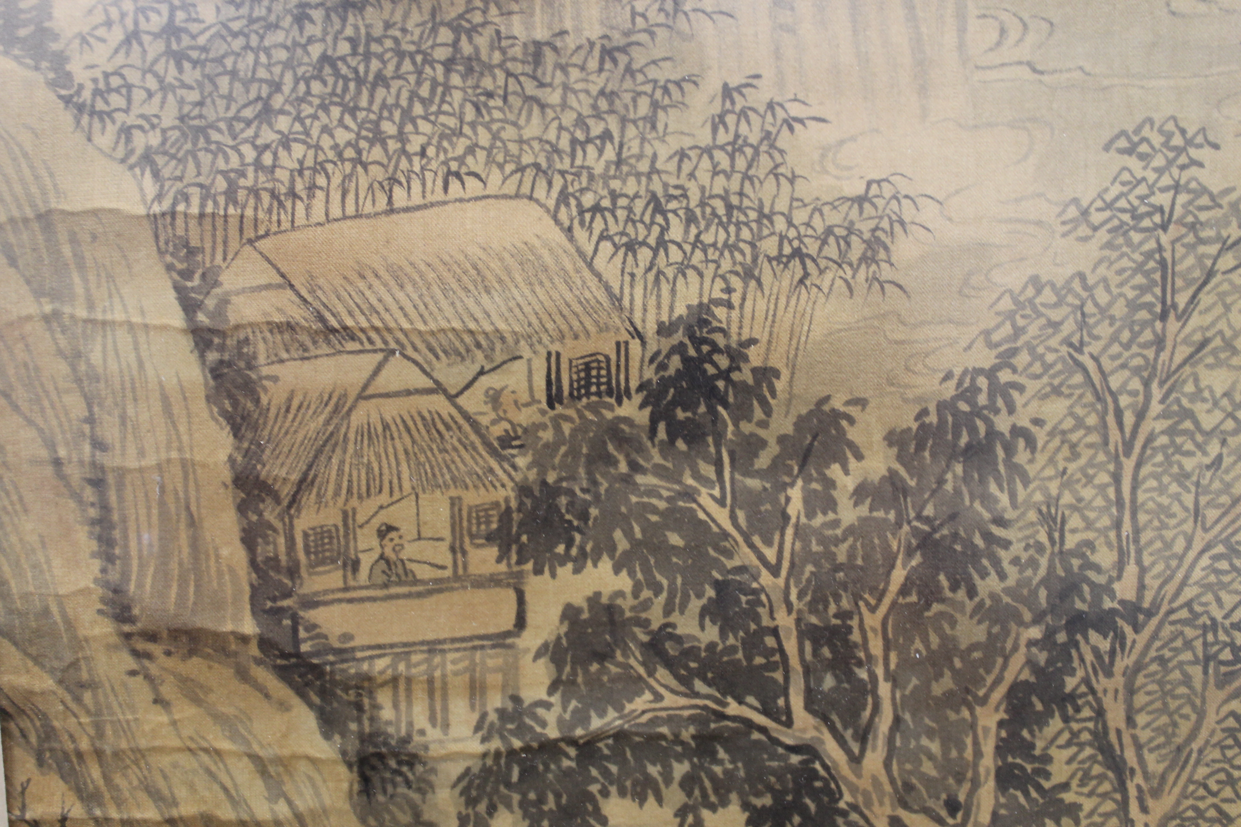 A 19th century Chinese silk scroll depicting Figures in a Mountainous Landscape, framed and glazed. - Image 6 of 9