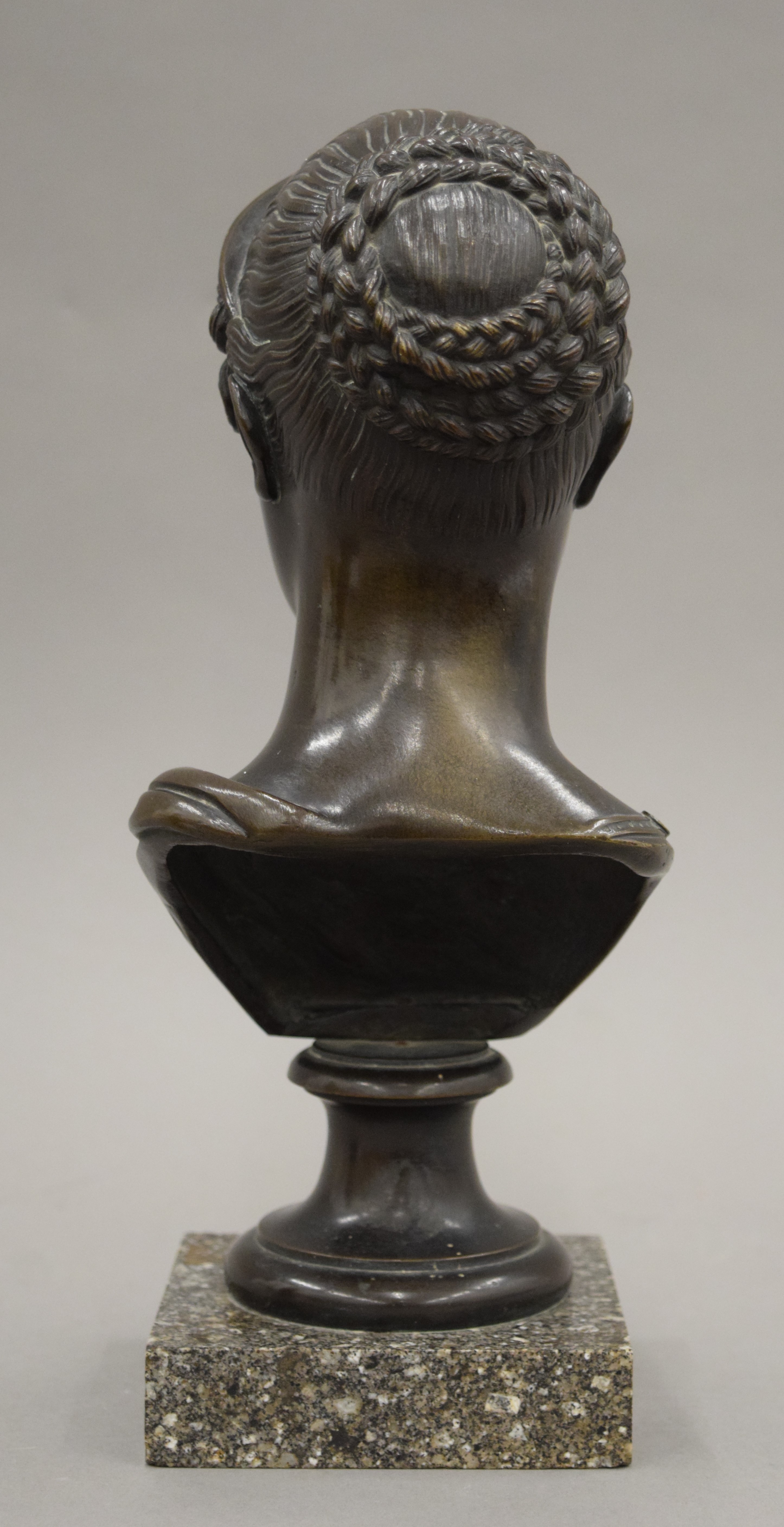 A 19th century bronze bust of a classical lady mounted on a marble plinth base. 27 cm high. - Image 4 of 5