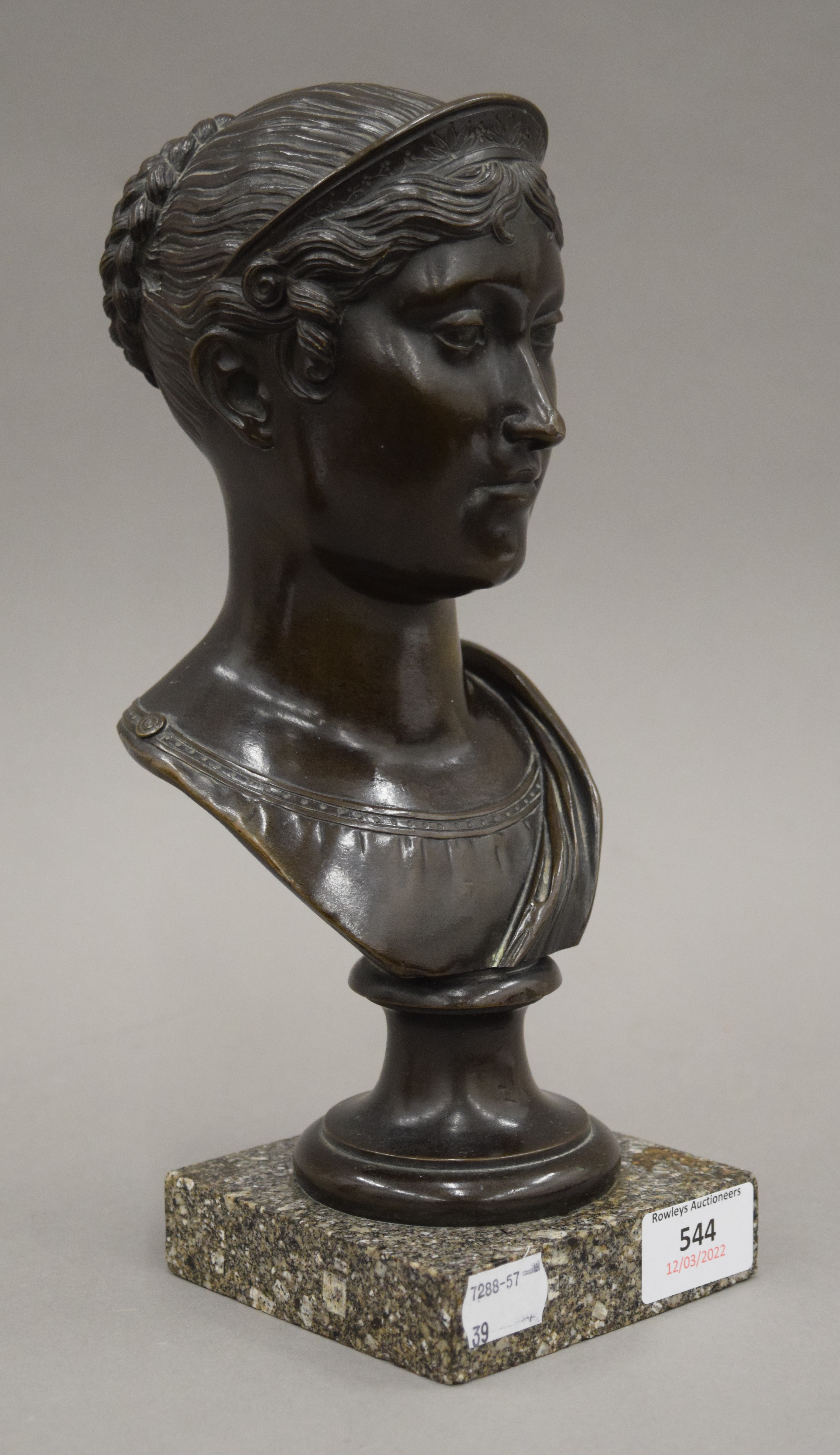 A 19th century bronze bust of a classical lady mounted on a marble plinth base. 27 cm high. - Image 2 of 5
