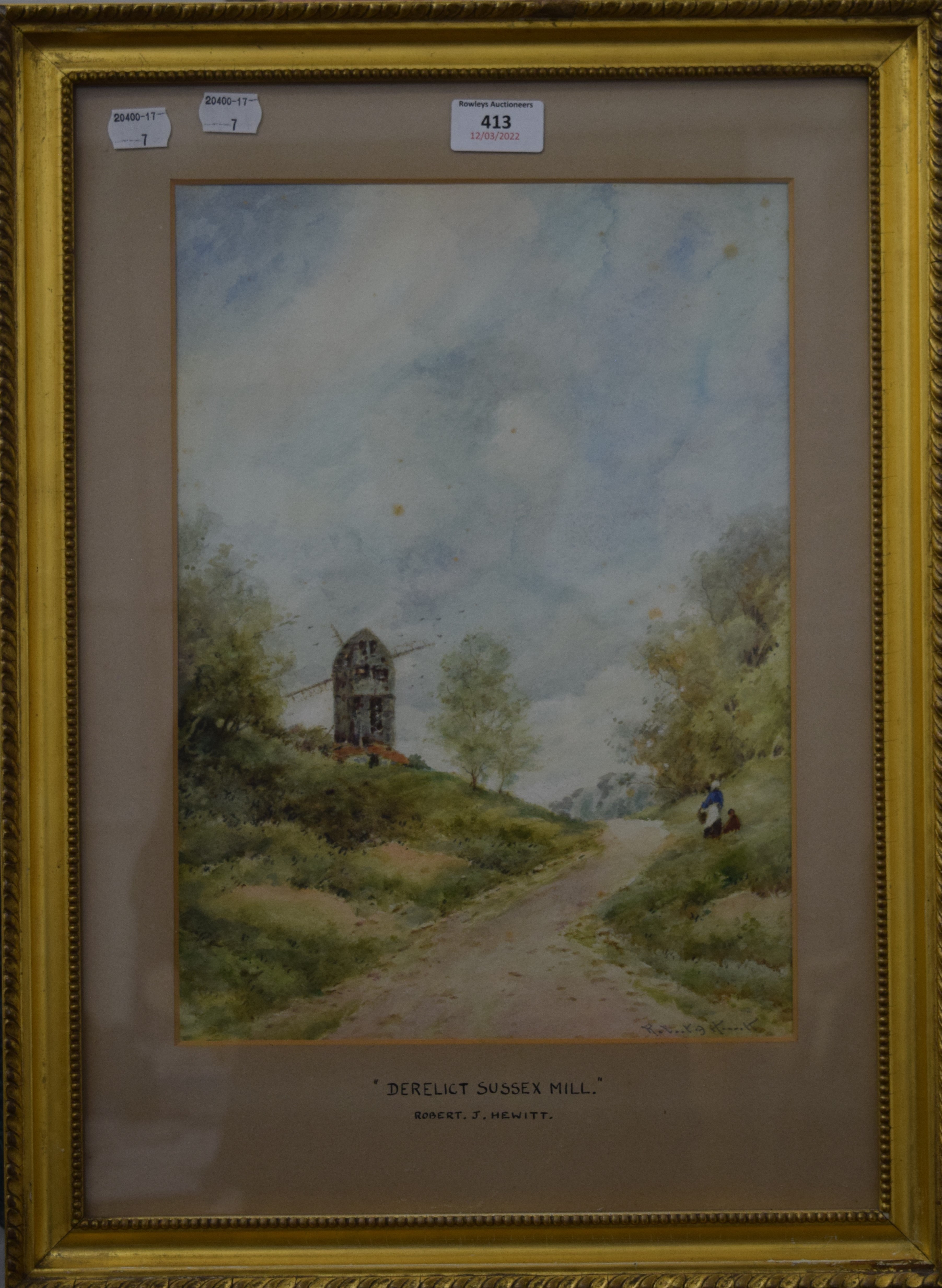 ROBERT J HEWITT, Derelict Sussex Mill, watercolour, signed in pencil and titled to the mount, - Image 2 of 3