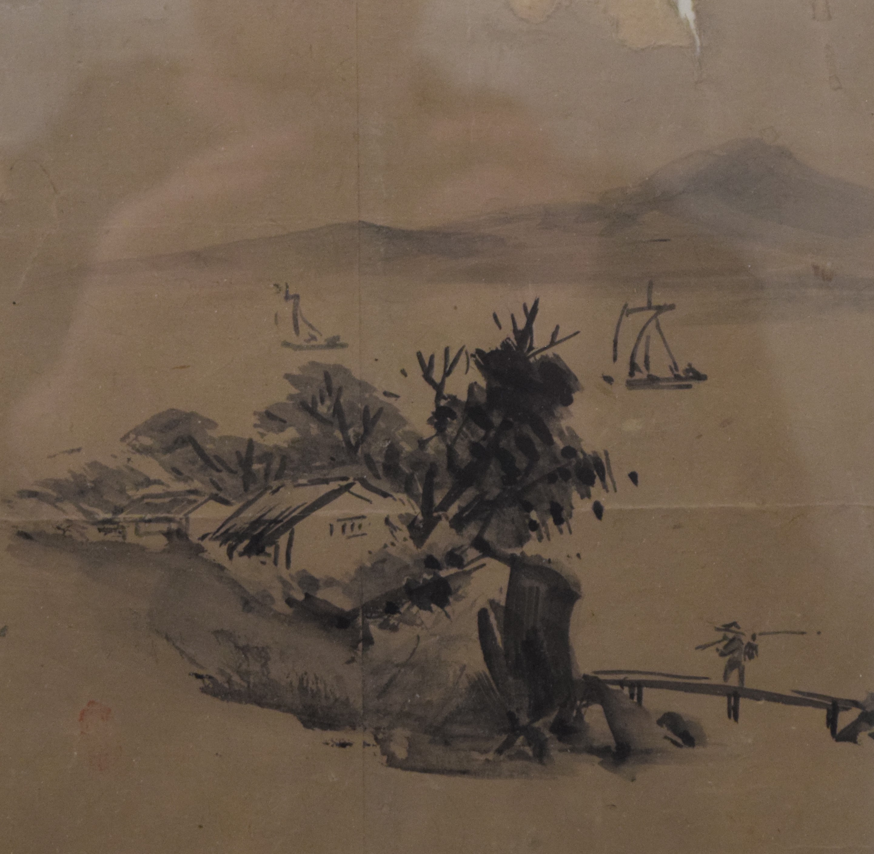 A late 19th/early 20th century Japanese watercolour, Mountainous Lakeland Scene, framed and glazed.