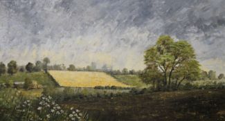 HILDA COOPER, Ely Cathedral in the Distance, oil on board, framed. 74.5 x 41 cm.