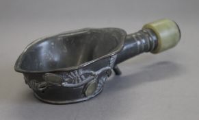 A Chinese pewter sauce boat with jade mounted handle. 16.5 cm long.