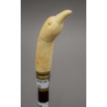 A walking stick with a carved bone handle formed as a bird. 89.5 cm long.