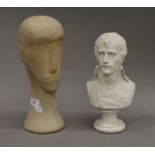 Two male busts, one pottery and the other resin. The largest 31 cm high.