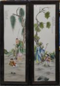 A pair of framed Chinese porcelain plaques. 27 x 79.5 cm overall.