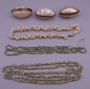 South Seas Island shell necklaces and three shell purses.