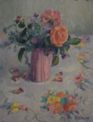 MACMILLAN, Roses and Bright Cloth, oil on board, signed, unframed. 40.5 x 51 cm.