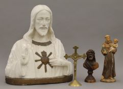 A quantity of religious figures, including a plaster bust of Jesus Christ (40.5 cm high), etc.