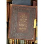 A Victorian Bible and other leather bound books including authors: Jane Austen, Dickens, Thackeray,