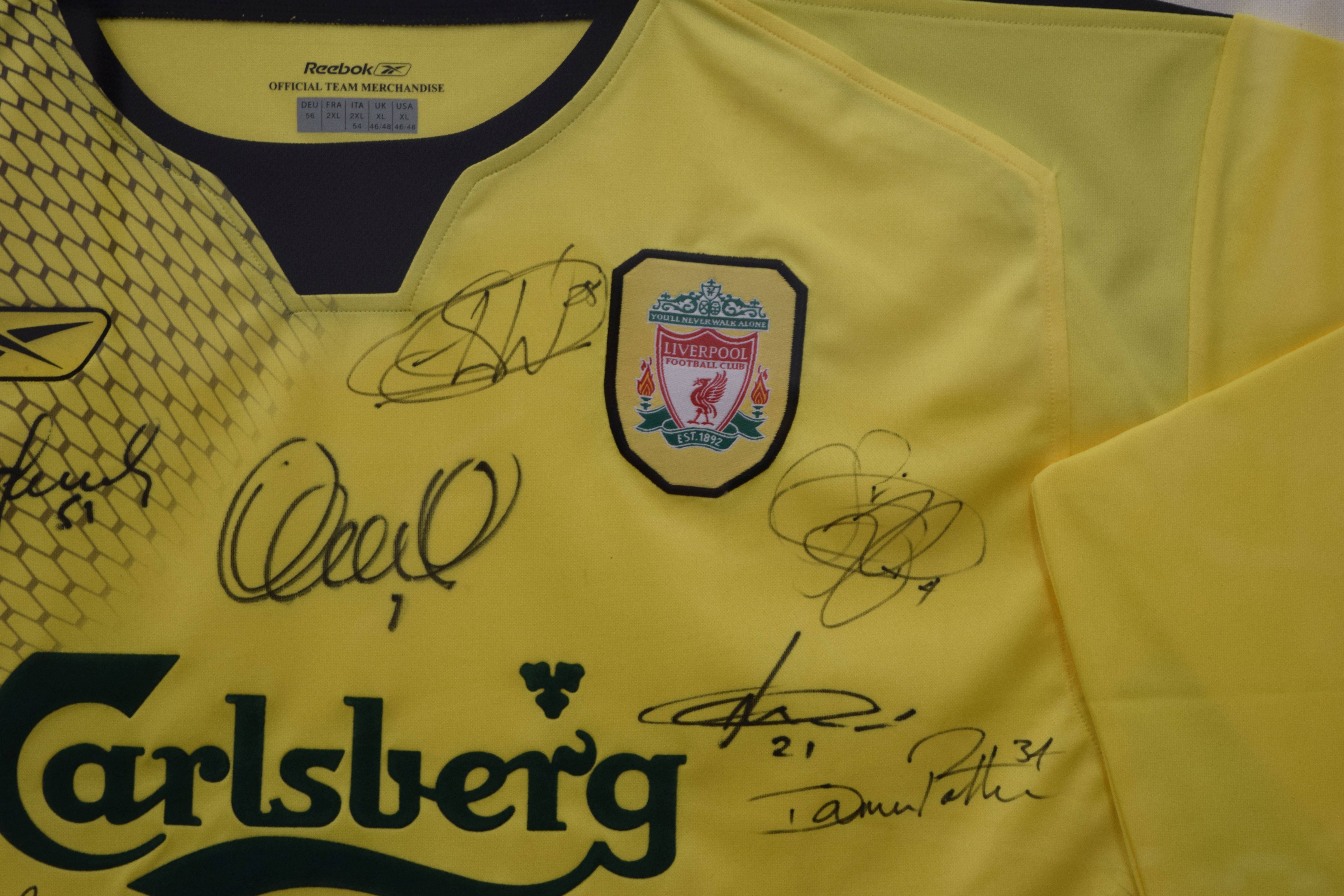 A Liverpool away football shirt signed by: Jerzy Dudek (1), Steve Finnan (3), Jamie Carragher (23), - Image 4 of 7