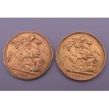 Two gold sovereigns, dated 1890 and 1893. 16 grammes.