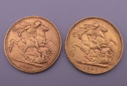 Two gold sovereigns, dated 1890 and 1893. 16 grammes.