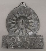 A 19th century Sun Alliance lead fire mark. 18.5 cm high.