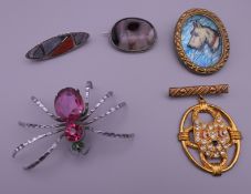 A spider brooch, an agate brooch, a Scottish silver brooch and two vintage dog brooches.