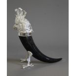 A silver plated and horn bird inkwell. 32 cm high.