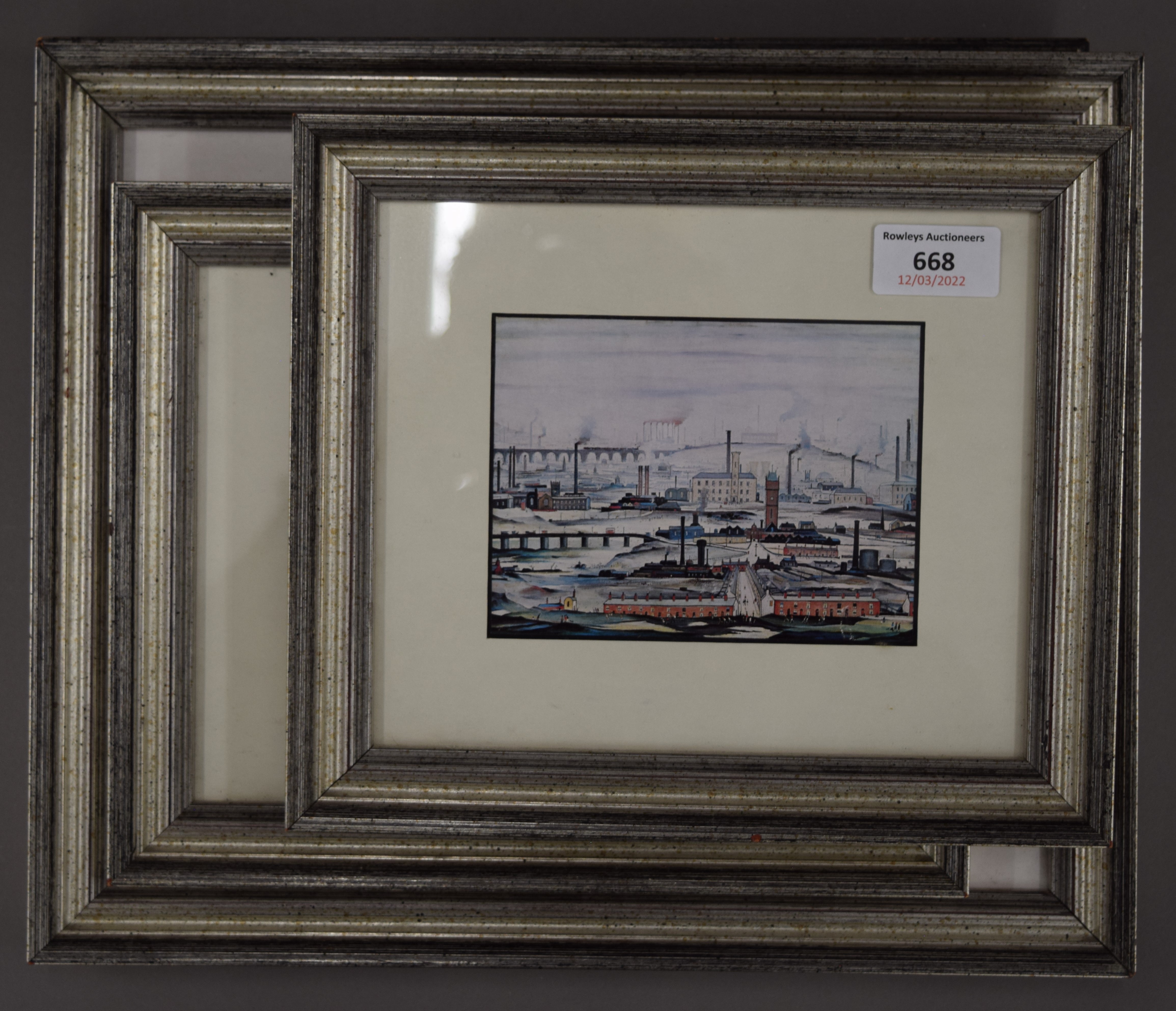 Four L S Lowry prints, each framed and glazed. The largest 34.5 x 29 cm overall.