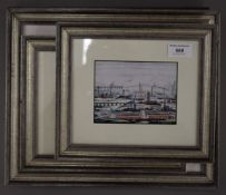 Four L S Lowry prints, each framed and glazed. The largest 34.5 x 29 cm overall.