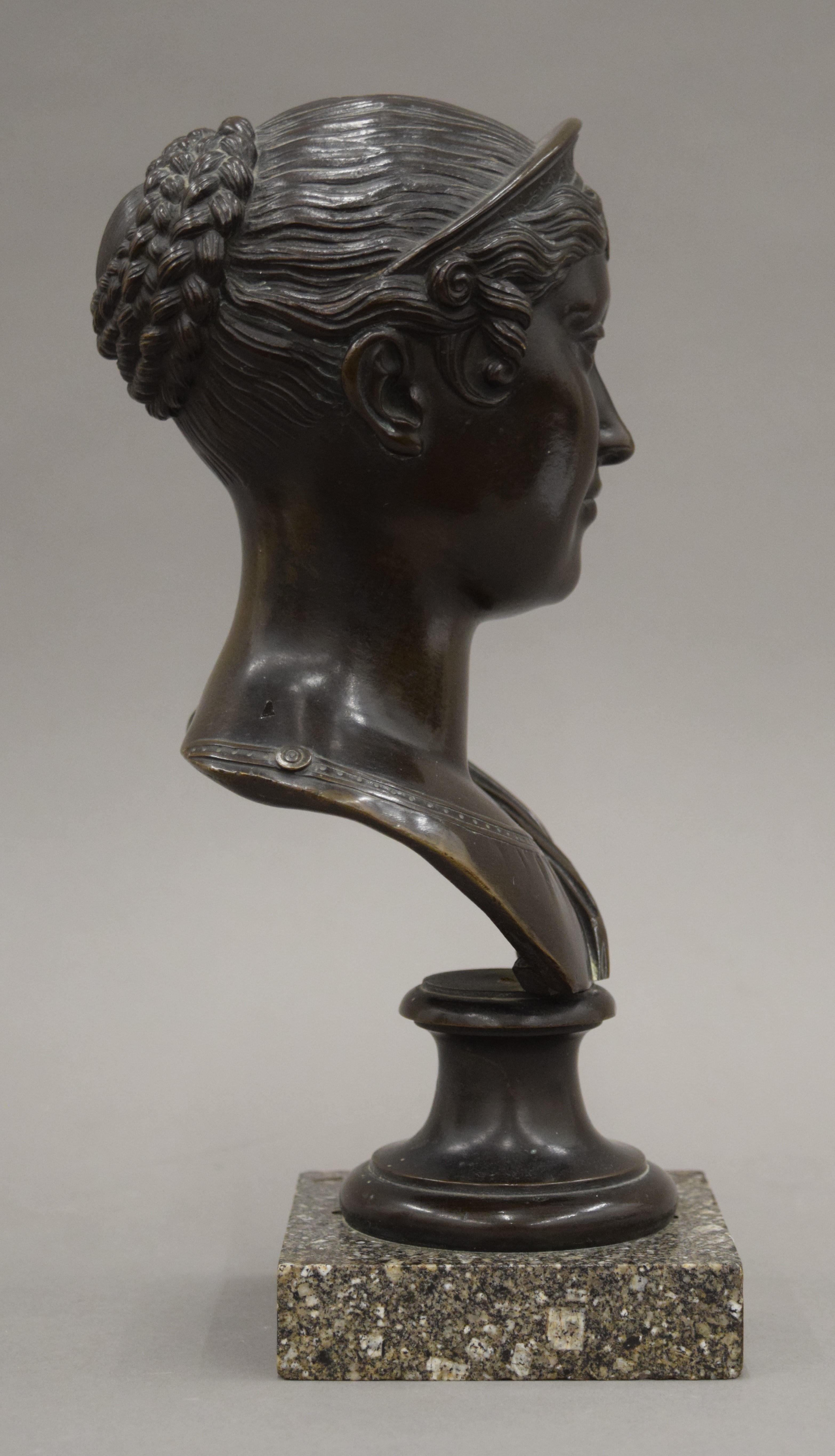 A 19th century bronze bust of a classical lady mounted on a marble plinth base. 27 cm high. - Image 3 of 5