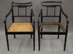 A pair of 19th century faux bamboo cane seated open arm chairs. 53 cm wide.