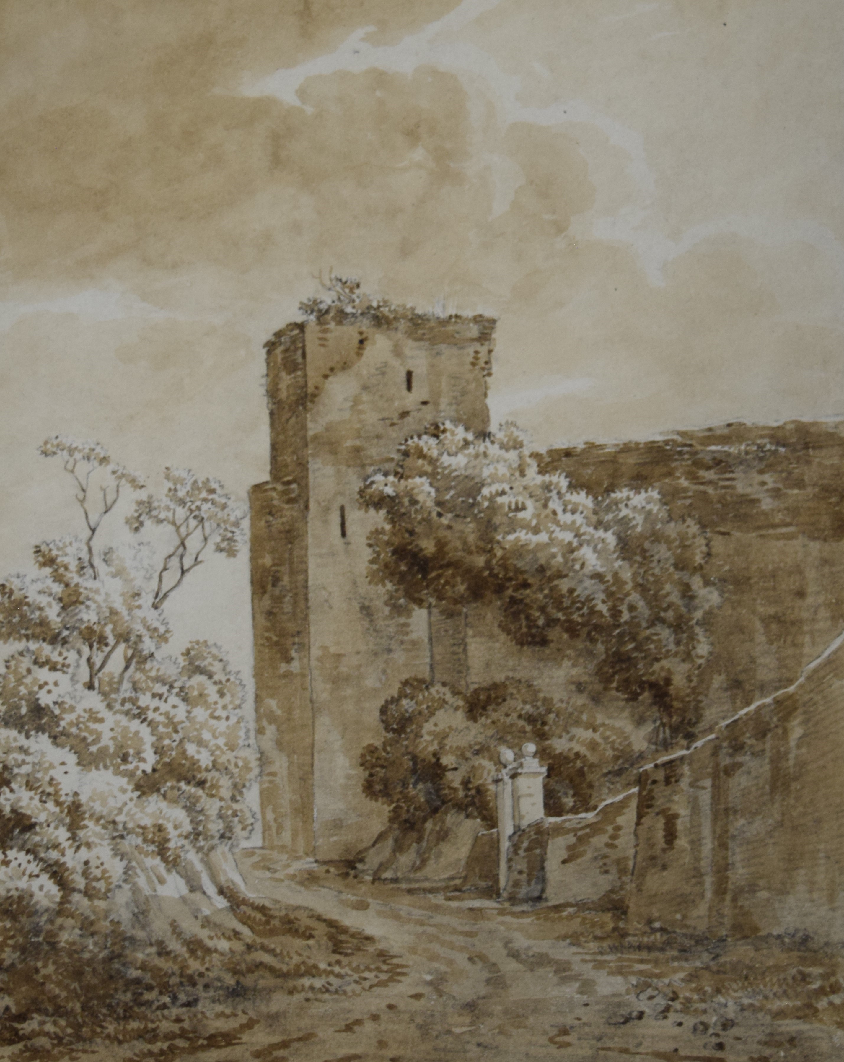 Three 18th/19th century Italian sepia watercolours, one a ruined building, - Image 4 of 4