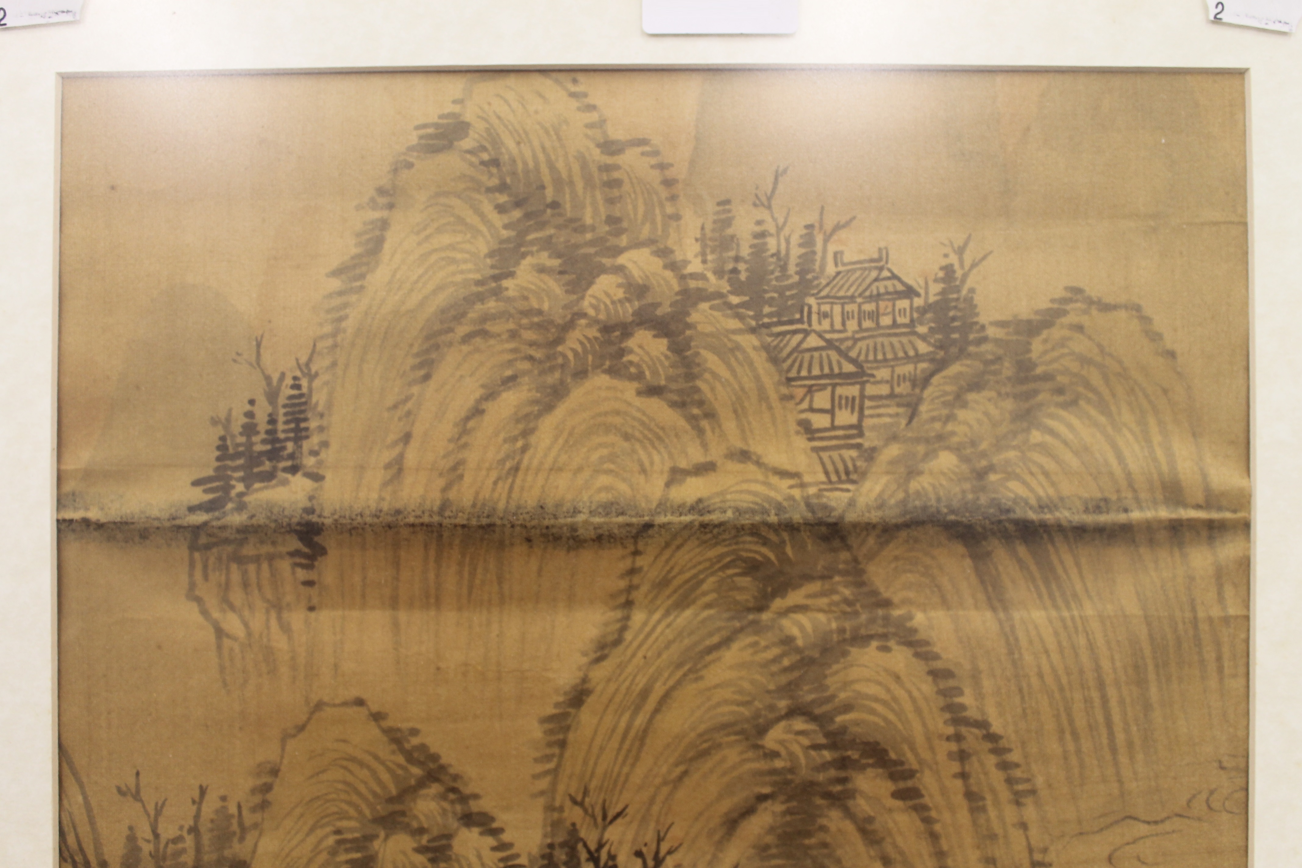 A 19th century Chinese silk scroll depicting Figures in a Mountainous Landscape, framed and glazed. - Image 9 of 9