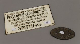 A vintage LMS-E T Carry 4 Tons cast iron plaque and a later railway plaque. The former 13.5 cm wide.