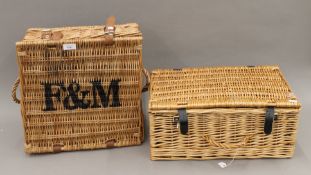 A Fortnum and Masons wicker basket and another wicker basket. The former 38 cm wide.