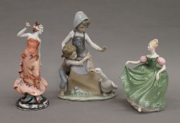 A Royal Doulton figurine, a Lladro figure and another Continental figurine. The former 18 cm high.