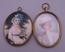 A 19th century miniature portrait on ivory of a young lady with blue ribbon in her hair;