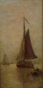 M COOKE, River Barges, oil on canvas, framed. 25 x 52.5 cm.