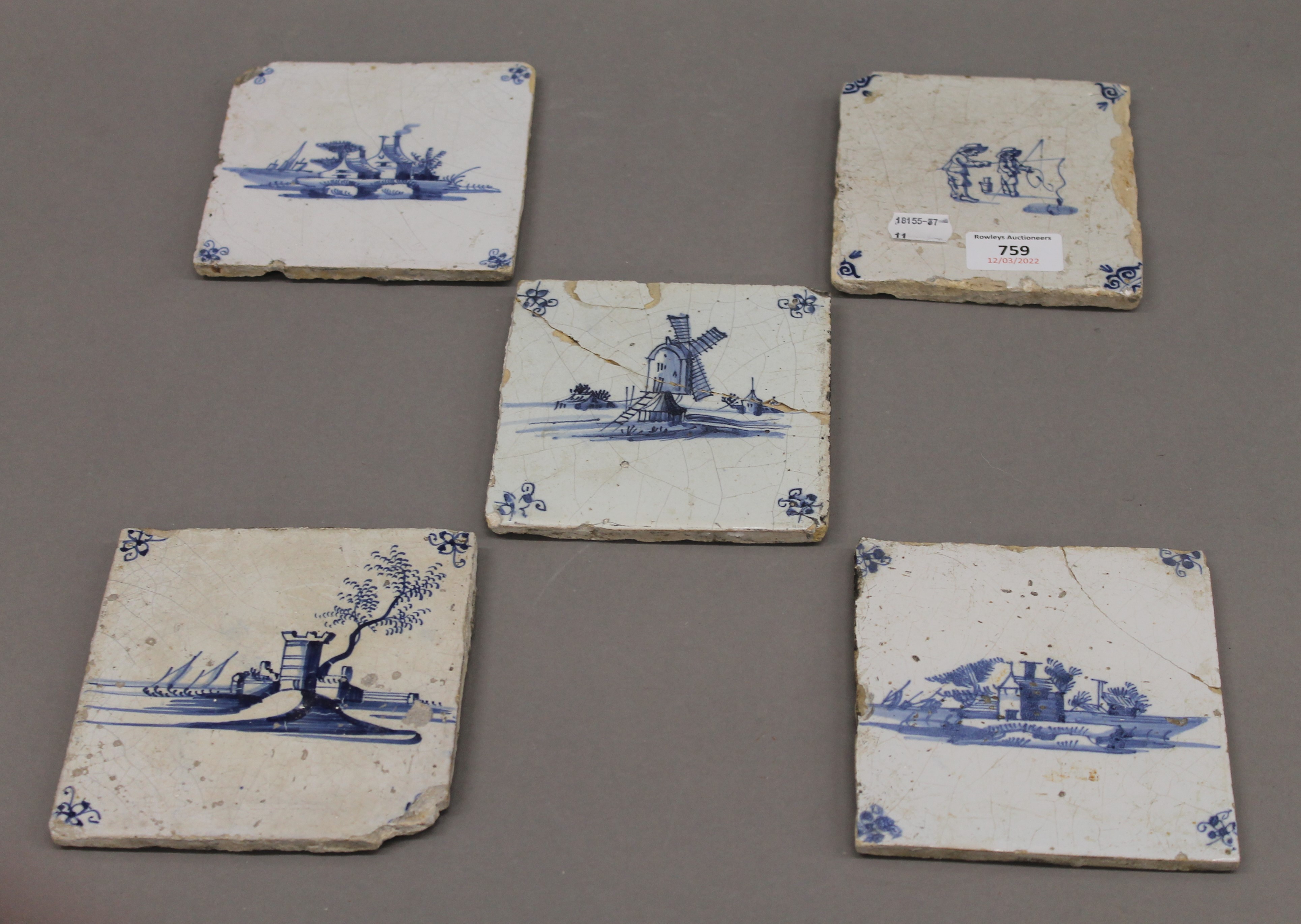 Five 19th century Delft tiles. Each approximately 12 cm square.
