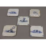 Five 19th century Delft tiles. Each approximately 12 cm square.