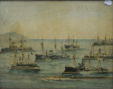A late 19th/early 20th century print of French Naval Vessels, framed and glazed. 40.5 x 31 cm.