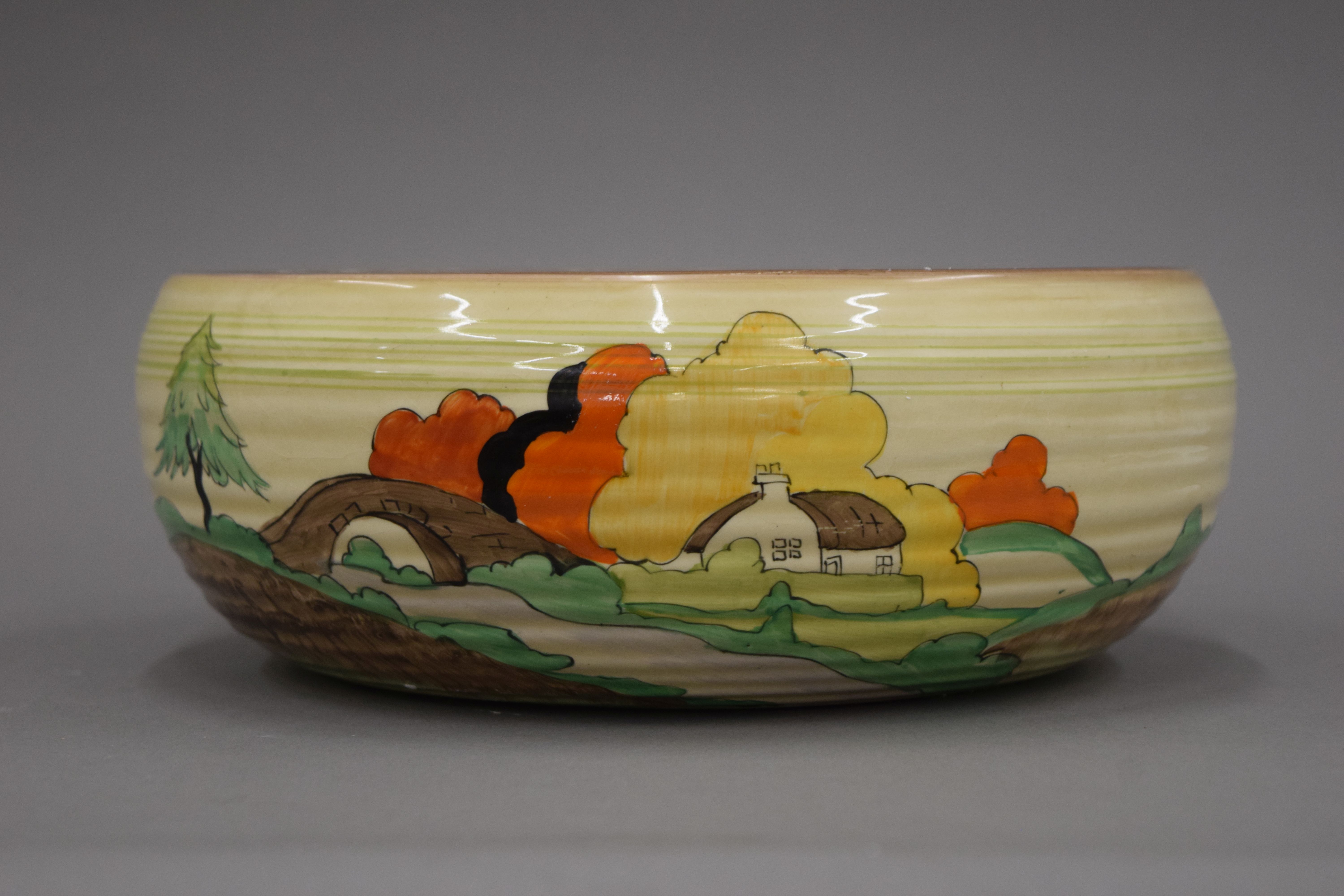 A Clarice Cliff ribbed bowl. 23 cm diameter. - Image 2 of 3