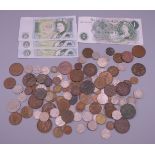 A bag containing old £1 notes and various coins.