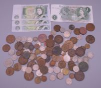 A bag containing old £1 notes and various coins.