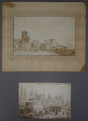 Two 19th century Italian sepia watercolours, each depicting various buildings,