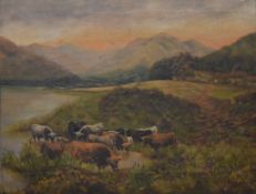 EARLY 20TH CENTURY SCHOOL, Highland Cattle grazing before Mountains, oil on canvas,