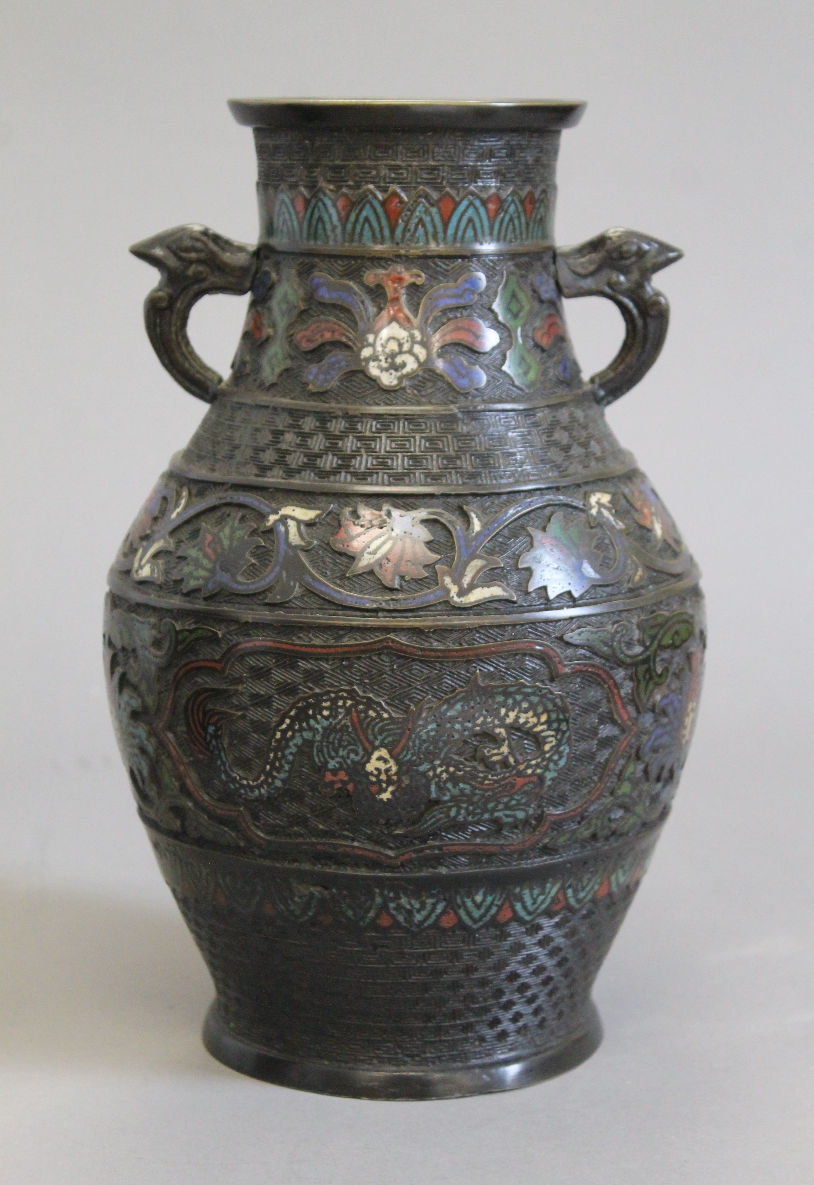 A pair of cloisonne and bronze vases. 30 cm high. - Image 2 of 5