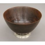 A large silver mounted turned wooden bowl. 31 cm diameter.