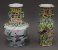 A 19th century Chinese yellow ground porcelain vase and another Chinese porcelain vase.
