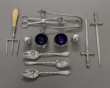 A quantity of various plated salts, tongs, etc.
