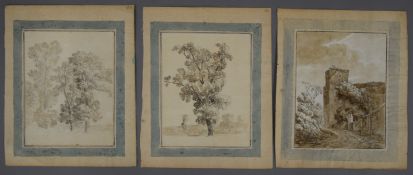 Three 18th/19th century Italian sepia watercolours, one a ruined building,