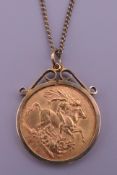 A 1908 sovereign in a 9 ct gold mount on a 9 ct gold chain. 12.5 grammes total weight.